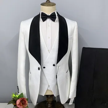 Мужской костюм из белой Решетчатой Жаккардовой ткани с 3D точечным принтом, Элегантный Комплект, Роскошный Дизайнерский Приталенный блейзер для бойфренда, платье для свадебной церемонии