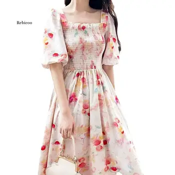 Женские летние платья Винтажное элегантное платье Миди с цветочным рисунком в пасторальном стиле, милое шелковое платье из конопли с высокой талией, розовое длинное платье