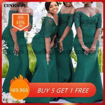 Изумрудно-зеленые кружевные платья подружек невесты с короткими рукавами, Русалка с открытыми плечами, длинное платье подружки невесты для девочек большого размера, праздничное платье