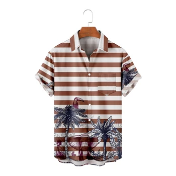 Гавайские рубашки для мужчин с принтом кокосовых пальм, Короткий рукав, Красные полосы, Белые рубашки, Прохладные Летние топы, Винтажные Дышащие