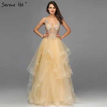 Золотое вечернее платье с V-образным вырезом, расшитое бисером и бриллиантами, сексуальные платья без рукавов трапециевидной формы, дизайн 2023 Serene Hill LA70149