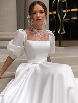 2023 Современные свадебные платья в стиле бохо, атласные, с короткими рукавами, со шлейфом-бантом, кружевные платья невесты с блестками для женщин, вырез лодочкой