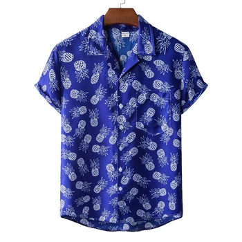 Мужская Свободная повседневная Гавайская пляжная футболка на пуговицах с коротким рукавом, топ, платье-футболка, Модная праздничная блузка Оверсайз
