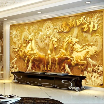 Пользовательские обои 3d стерео фотообои восемь лошадей мужской ветер золотой рельеф гостиничный ТВ фон обои домашний декор 3D обои