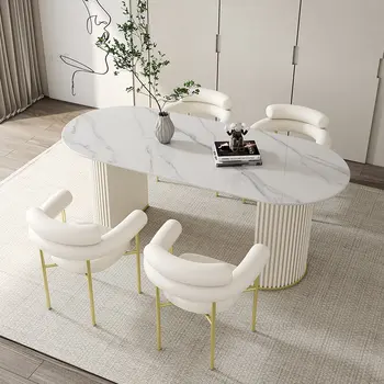 Обеденные столы из европейского сланца, современная ресторанная мебель, дизайнерский овальный стол для переговоров, Элитное домашнее кафе, Белый обеденный стол