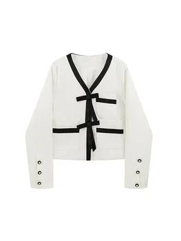 Женские куртки контрастного цвета, укороченный топ с бантом и V-образным вырезом, однобортное белое элегантное осеннее пальто, модная одежда Feamle