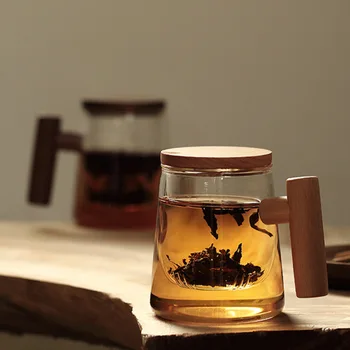 Чашка для чая из толстого термостойкого боросиликатного стекла в японском стиле с деревянной ручкой, фильтр для разделения воды для чая, чашка для воды
