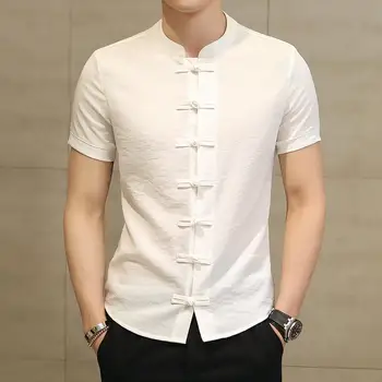 Летняя мужская рубашка с коротким рукавом в китайском стиле, воротник-стойка, тонкая белая традиционная рубашка на пуговицах, большой размер Xxxl