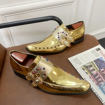 Новая мужская свадебная обувь с двойной пряжкой из золота, лоферы, дышащая модная мужская деловая обувь ручной работы, бесплатная доставка, размер 35-46