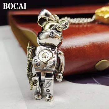 BOCAI Новые ювелирные изделия из чистого серебра s925 Геометрический Циркон Личность Жестокого Медведя Модный хип-хоп Мужской кулон