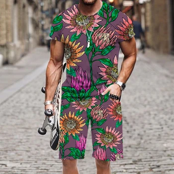 Летние мужские комплекты, повседневная рубашка + брюки, короткий костюм с 3D принтом в виде тропических растений, дышащая пляжная одежда для бега, 2 предмета, Homme для бега трусцой