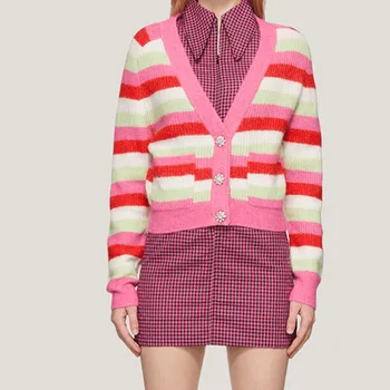 Женский свитер в рубчик с хрустальной пряжкой, разноцветные полосы, V-образный вырез, длинный рукав, однобортный женский вязаный кардиган, Весна 2023 г.