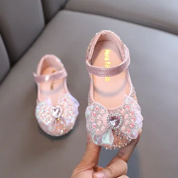 Детская кожаная обувь принцессы для девочек, повседневная обувь с бантом, детские сандалии с блестками, обувь для школьных вечеринок с узлом бабочки