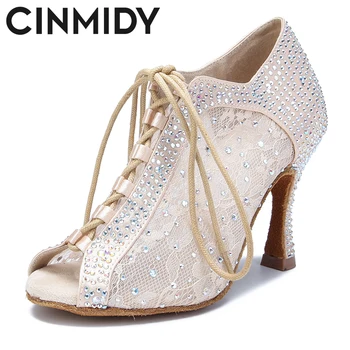 CINMIDY, женские туфли для латиноамериканских танцев со стразами, кружевной сетчатый ремешок, туфли для бальных танцев на каблуках, вечерние туфли, женские свадебные туфли
