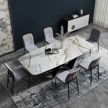 Обеденный стол из сланца в итальянском стиле Современный и простой бытовой малогабаритный прямоугольный обеденный стол из роскошного мрамора в скандинавском стиле