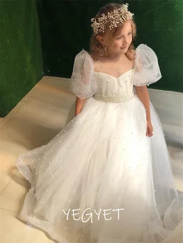 Белые платья с пышными рукавами для девочек в цветочек на свадьбу, платье принцессы с блестящим жемчугом 2023, тюлевое платье для детского дня рождения, платье для первого причастия