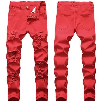 Мужские джинсовые брюки Модного дизайнерского бренда Плюс Размер Прямые джинсы с дырками, рваные брюки, потертые Белые Красные