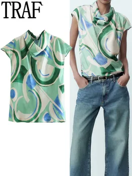 Женские блузки TRAF 2023, атласная блузка с принтом, женские летние топы с коротким рукавом, Женские элегантные и винтажные женские блузки с высоким воротом