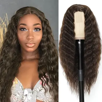 Длинные волнистые коричневые кружевные парики спереди для женщин, средняя часть, Афроамериканское кружево, синтетические парики с темными корнями повседневных волос