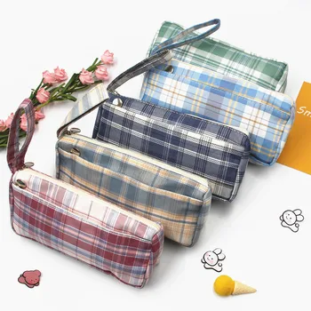 Двухслойные сумки для карандашей, простые сумки для карандашей из клетчатой ткани, студенческие сумки для карандашей, держатель для канцелярских принадлежностей для студентов