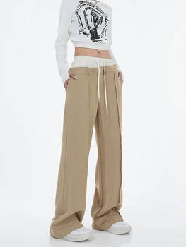 Осень 2022, Корейский стиль, женские повседневные брюки цвета Хаки в стиле пэчворк с высокой талией, спортивные брюки с карманами, широкие повседневные модные брюки