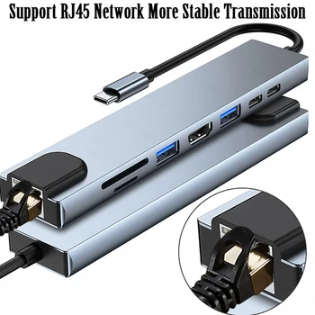 Док-станция расширения 8 в 1, разветвитель USB3.0, USB2.0, HDMI, 4K @ 30 Гц, Гигабитный Ethernet, 100 Мбит/с, SD/TF адаптер, PD 60 Вт концентратор