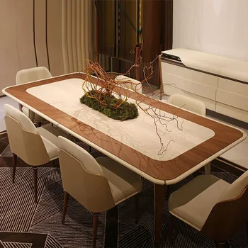 Итальянская легкая ресторанная мебель в стиле роскоши и минимализма, постмодернистский мрамор, один стол, шесть стульев, длинный обеденный стол и стул