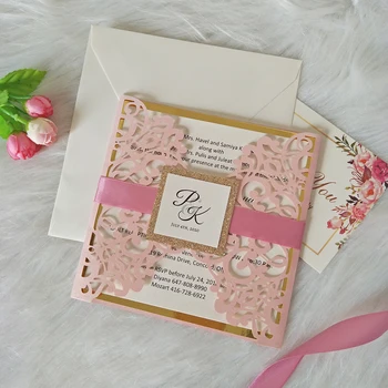 50x Розовые Свадебные открытки с персонализированной печатью, вырезанные лазером, с золотой вставкой в зеркальное дно и блестящей биркой, приглашения на вечеринку своими руками