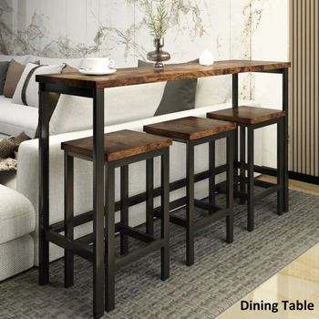 Удлиненный обеденный стол из 4 предметов, табуретки высотой 3 шт. и приставной столик с подставкой для ног, кухонный гарнитур для паба, коричневый / серый