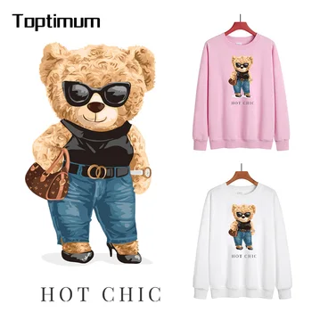 Шикарный утюг на нашивках с милым мультяшным медведем для одежды, термонаклейки с медвежонком модницы на одежду, наклейки с аппликацией на футболках