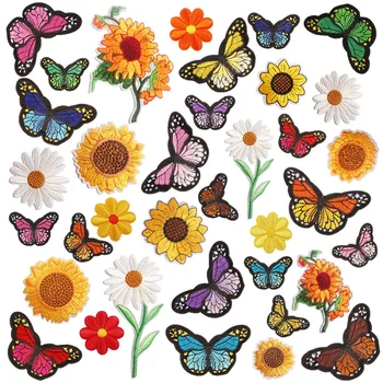 1 Шт Нашивки с вышивкой в виде бабочки и цветка, Значок Подсолнуха, Железная Термонаклейка 