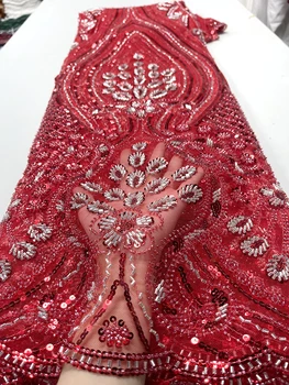 Самая продаваемая Африканская кружевная ткань с пайетками, высококачественная кружевная ткань ручной работы из бисера, Нигерийский Французский тюль, кружевной материал для свадебного платья