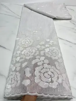 Оптовая продажа Африканской кружевной ткани 2023, новейшая белая индийская ткань сари, высококачественный тюль, кружевная ткань с блестками, свадебное платье YYZ8082