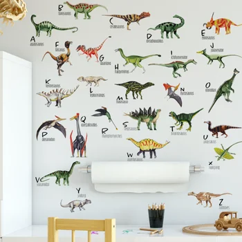 Наклейка на стену с английскими буквами динозавра, Мультяшное фоновое украшение детской спальни, наклейки для класса в детском саду, Съемные