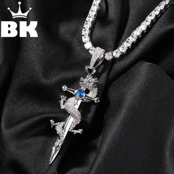 THE BLING KING Ретро Китайское ожерелье с подвеской в виде Меча Дракона для мужчин с микро-покрытием из кубического циркона, панк-символ удачи, ювелирные изделия в стиле хип-хоп