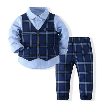 Комплект одежды для мальчиков-джентльменов, рубашка с длинным рукавом + жилет + брюки, наряды для маленьких мальчиков для свадебной вечеринки