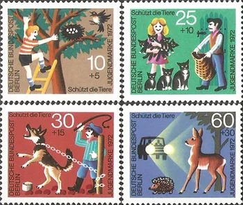 4 ШТ., почтовая марка Германии, 1972 год, дети и животные, настоящий оригинал, коллекция марок, MNH