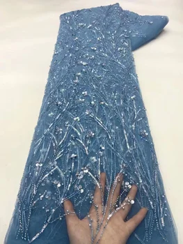 Роскошная синяя кружевная ткань с бисером, высококачественная африканская кружевная вышивка бисером ручной работы, кружевная ткань для нигерийского свадебного шитья
