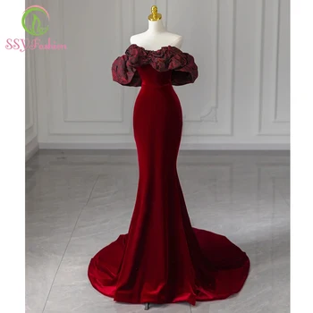 SSYFashion Винно-Красное Велюровое Вечернее Платье Русалки С Сексуальным Тонким Шлейфом 