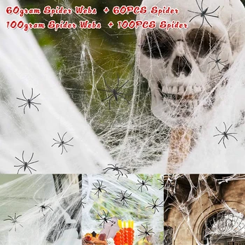 Паутина с искусственными пауками 60/100 г Растягивающаяся искусственная паутина для Хэллоуина, многоразовое украшение для Хэллоуина на Хэллоуин-вечеринку