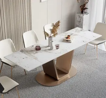Прямоугольный раздвижной обеденный стол со столешницей из спеченного камня и основанием из нержавеющей стали, Внутренняя мебель для ресторана
