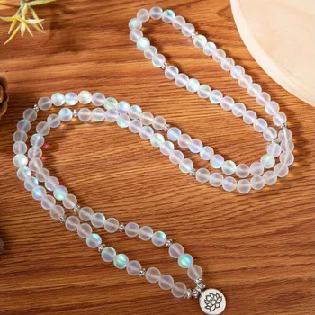 Ожерелье из матового белого хрусталя, браслет-талисман в виде Лотоса, 108 бусин Мала, Целебный камень, браслет для йоги и медитации, Балансирующий браслет