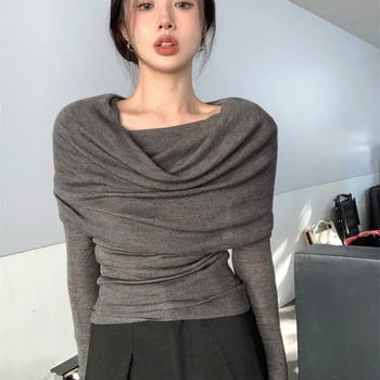 Корейский модный однотонный простой, достойный, интеллектуальный, элегантный, эластичный, сексуальный Женский топ с длинными рукавами на одно плечо