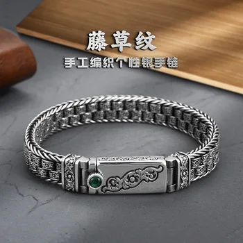 Плетеный браслет из ротанга с зеленым камнем и травяным узором для мальчиков и девочек в китайском стиле-Шикарный ретро-национальный стиль