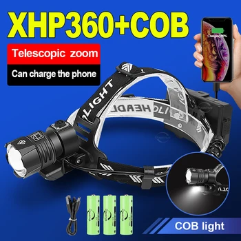 Мощный налобный фонарь Ultra XHP360 18650 USB, перезаряжаемый светодиодный налобный фонарь, фара высокой мощности, водонепроницаемый фонарик для рыбалки IPX6