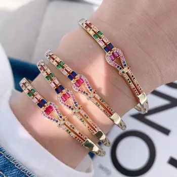 3шт Блестящий Красочный Циркон Открытый браслет Серебристо-Позолоченные браслеты-манжеты с радужным кристаллом для девочек