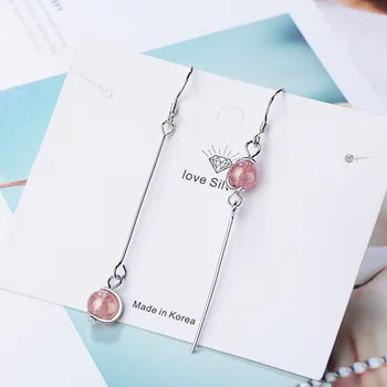 Корейский Сладкий Розовый клубничный кристалл, Серебристый цвет, линия уха, милая индивидуальность, модная Женская серьга с длинной кисточкой из Лунного камня