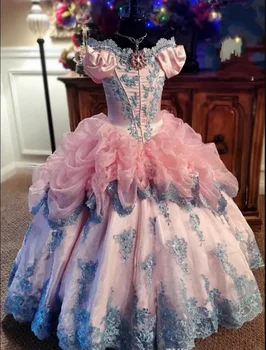 Платья принцессы с розовыми цветами для девочек, открытые плечи, оборки, кружевные аппликации, бальное платье, детские платья для дня рождения, нарядные платья