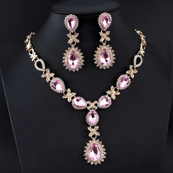 Дубай Свадебный ювелирный набор Золотое ожерелье Серьги Набор для женщин Розовый Кристалл Ювелирные Аксессуары