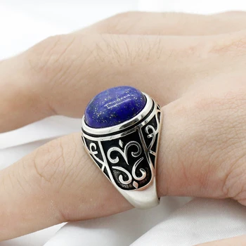 Винтажное мужское кольцо с натуральным лазуритом, голубым камнем, серебро 925 пробы, изысканная резьба, мужские и женские турецкие украшения для здоровья